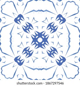 Portuguese ornamental azulejo ceramic. Universal design. Vector seamless pattern poster. Blue vintage backdrop for wallpaper, web background, towels, print, surface texture, pillows.