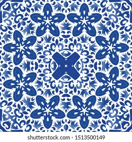 Portuguese ornamental azulejo ceramic. Vector seamless pattern frame. Universal design. Blue vintage backdrop for wallpaper, web background, towels, print, surface texture, pillows.