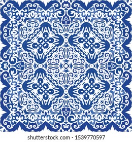 Portuguese ornamental azulejo ceramic. Vector seamless pattern illustration. Universal design. Blue vintage backdrop for wallpaper, web background, towels, print, surface texture, pillows.