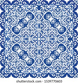 Portuguese ornamental azulejo ceramic. Vector seamless pattern watercolor. Stylish design. Blue vintage backdrop for wallpaper, web background, towels, print, surface texture, pillows.