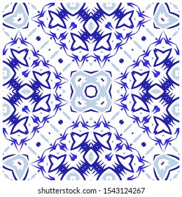 Portuguese ornamental azulejo ceramic. Vector seamless pattern watercolor. Hand drawn design. Blue vintage backdrop for wallpaper, web background, towels, print, surface texture, pillows.