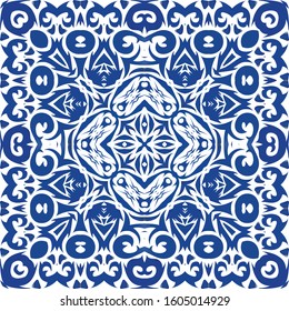 Portuguese ornamental azulejo ceramic. Vector seamless pattern watercolor. Original design. Blue vintage backdrop for wallpaper, web background, towels, print, surface texture, pillows.