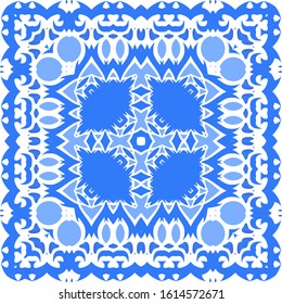 Portuguese ornamental azulejo ceramic. Vector seamless pattern watercolor. Original design. Blue vintage backdrop for wallpaper, web background, towels, print, surface texture, pillows.