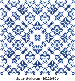 Portuguese ornamental azulejo ceramic. Vector seamless pattern illustration. Kitchen design. Blue vintage backdrop for wallpaper, web background, towels, print, surface texture, pillows.