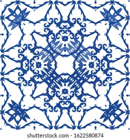 Portuguese ornamental azulejo ceramic. Vector seamless pattern collage. Fashionable design. Blue vintage backdrop for wallpaper, web background, towels, print, surface texture, pillows.