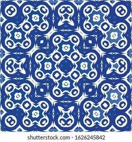 Portuguese ornamental azulejo ceramic. Vector seamless pattern concept. Graphic design. Blue vintage backdrop for wallpaper, web background, towels, print, surface texture, pillows.