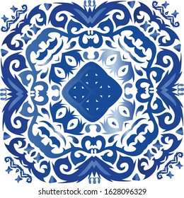 Portuguese ornamental azulejo ceramic. Vector seamless pattern theme. Minimal design. Blue vintage backdrop for wallpaper, web background, towels, print, surface texture, pillows.