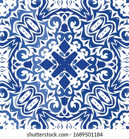 Portuguese ornamental azulejo ceramic. Vector seamless pattern concept. Graphic design. Blue vintage backdrop for wallpaper, web background, towels, print, surface texture, pillows.