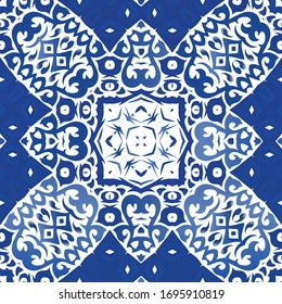Portuguese ornamental azulejo ceramic. Vector seamless pattern concept. Original design. Blue vintage backdrop for wallpaper, web background, towels, print, surface texture, pillows.
