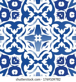 Portuguese ornamental azulejo ceramic. Vector seamless pattern watercolor. Geometric design. Blue vintage backdrop for wallpaper, web background, towels, print, surface texture, pillows.