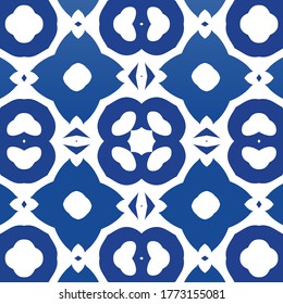 Portuguese ornamental azulejo ceramic. Vector seamless pattern watercolor. Universal design. Blue vintage backdrop for wallpaper, web background, towels, print, surface texture, pillows.