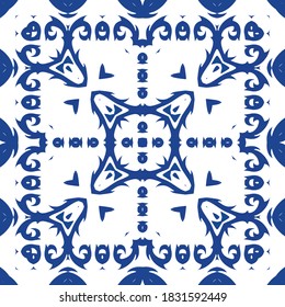 Portuguese ornamental azulejo ceramic. Vector seamless pattern illustration. Graphic design. Blue vintage backdrop for wallpaper, web background, towels, print, surface texture, pillows.