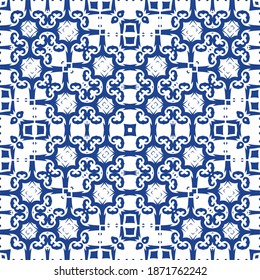 Portuguese ornamental azulejo ceramic. Vector seamless pattern texture. Hand drawn design. Blue vintage backdrop for wallpaper, web background, towels, print, surface texture, pillows.