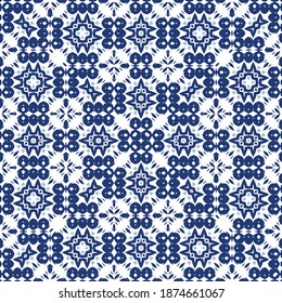 Portuguese ornamental azulejo ceramic. Vector seamless pattern frame. Minimal design. Blue vintage backdrop for wallpaper, web background, towels, print, surface texture, pillows.