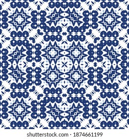 Portuguese ornamental azulejo ceramic. Vector seamless pattern frame. Minimal design. Blue vintage backdrop for wallpaper, web background, towels, print, surface texture, pillows.