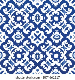 Portuguese ornamental azulejo ceramic. Vector seamless pattern poster. Graphic design. Blue vintage backdrop for wallpaper, web background, towels, print, surface texture, pillows.