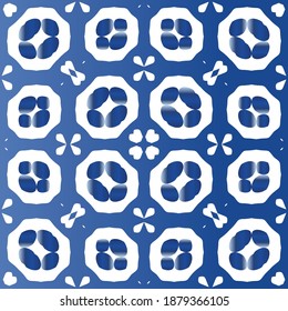 Portuguese ornamental azulejo ceramic. Vector seamless pattern flyer. Geometric design. Blue vintage backdrop for wallpaper, web background, towels, print, surface texture, pillows.