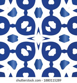 Portuguese ornamental azulejo ceramic. Vector seamless pattern collage. Kitchen design. Blue vintage backdrop for wallpaper, web background, towels, print, surface texture, pillows.