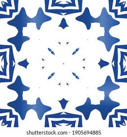 Portuguese ornamental azulejo ceramic. Vector seamless pattern frame. Modern design. Blue vintage backdrop for wallpaper, web background, towels, print, surface texture, pillows.
