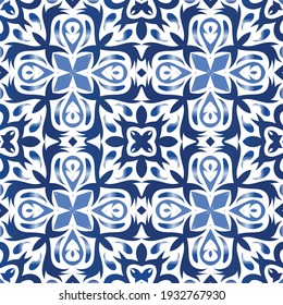 Portuguese ornamental azulejo ceramic. Vector seamless pattern frame. Geometric design. Blue vintage backdrop for wallpaper, web background, towels, print, surface texture, pillows.