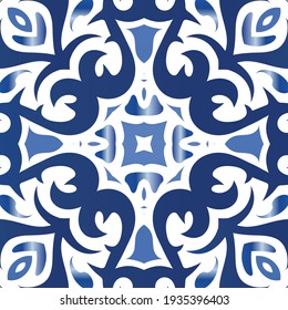 Portuguese ornamental azulejo ceramic. Vector seamless pattern concept. Minimal design. Blue vintage backdrop for wallpaper, web background, towels, print, surface texture, pillows.