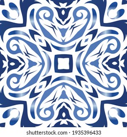 Portuguese ornamental azulejo ceramic. Vector seamless pattern flyer. Stylish design. Blue vintage backdrop for wallpaper, web background, towels, print, surface texture, pillows.