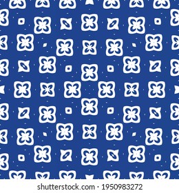 Portuguese ornamental azulejo ceramic. Vector seamless pattern flyer. Fashionable design. Blue vintage backdrop for wallpaper, web background, towels, print, surface texture, pillows.