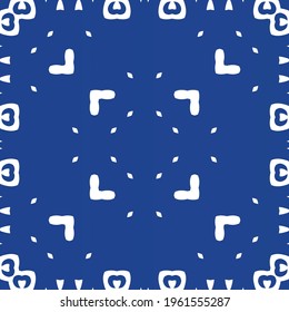 Portuguese ornamental azulejo ceramic. Vector seamless pattern flyer. Fashionable design. Blue vintage backdrop for wallpaper, web background, towels, print, surface texture, pillows.