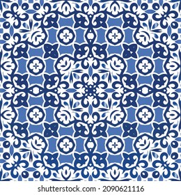 Portuguese ornamental azulejo ceramic. Vector seamless pattern trellis. Graphic design. Blue vintage backdrop for wallpaper, web background, towels, print, surface texture, pillows.