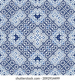 Portuguese ornamental azulejo ceramic. Vector seamless pattern arabesque. Fashionable design. Blue vintage backdrop for wallpaper, web background, towels, print, surface texture, pillows.