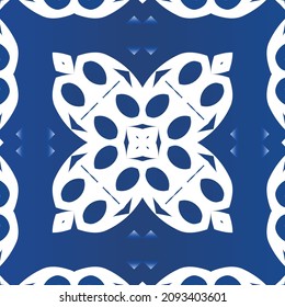 Portuguese ornamental azulejo ceramic. Vector seamless pattern texture. Creative design. Blue vintage backdrop for wallpaper, web background, towels, print, surface texture, pillows.