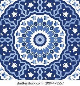 Portuguese ornamental azulejo ceramic. Vector seamless pattern collage. Universal design. Blue vintage backdrop for wallpaper, web background, towels, print, surface texture, pillows.