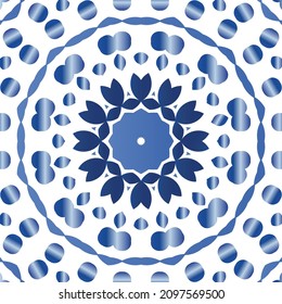 Portuguese ornamental azulejo ceramic. Vector seamless pattern collage. Universal design. Blue vintage backdrop for wallpaper, web background, towels, print, surface texture, pillows.