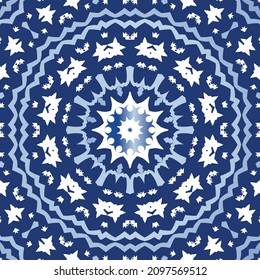Portuguese ornamental azulejo ceramic. Vector seamless pattern collage. Universal design. Blue vintage backdrop for wallpaper, web background, towels, print, surface texture, pillows.