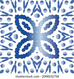 Portuguese ornamental azulejo ceramic. Vector seamless pattern collage. Universal design. Blue vintage backdrop for wallpaper, web background, towels, print, surface texture, pillows.