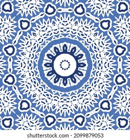 Portuguese ornamental azulejo ceramic. Vector seamless pattern flyer. Minimal design. Blue vintage backdrop for wallpaper, web background, towels, print, surface texture, pillows.