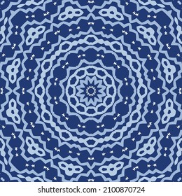 Portuguese ornamental azulejo ceramic. Vector seamless pattern collage. Universal design. Blue vintage backdrop for wallpaper, web background, towels, print, surface texture, pillows.