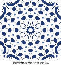 Portuguese ornamental azulejo ceramic. Vector seamless pattern collage. Universal design. Blue vintage backdrop for wallpaper, web background, towels, print, surface texture, pillows.