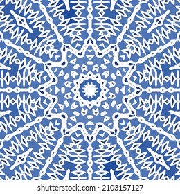 Portuguese ornamental azulejo ceramic. Vector seamless pattern flyer. Minimal design. Blue vintage backdrop for wallpaper, web background, towels, print, surface texture, pillows.