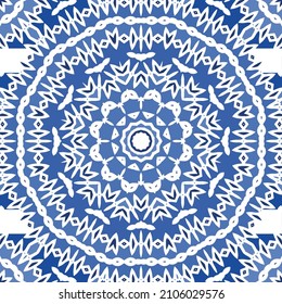 Portuguese ornamental azulejo ceramic. Vector seamless pattern flyer. Minimal design. Blue vintage backdrop for wallpaper, web background, towels, print, surface texture, pillows.