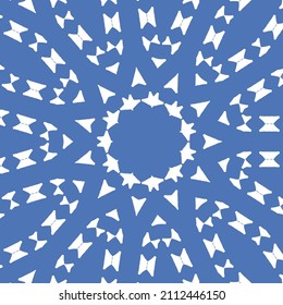 Portuguese ornamental azulejo ceramic. Vector seamless pattern flyer. Minimal design. Blue vintage backdrop for wallpaper, web background, towels, print, surface texture, pillows.