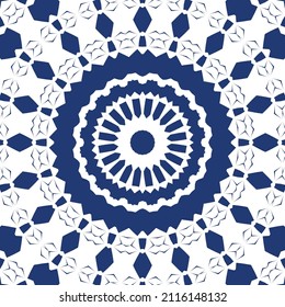 Portuguese ornamental azulejo ceramic. Vector seamless pattern frame. Geometric design. Blue vintage backdrop for wallpaper, web background, towels, print, surface texture, pillows.