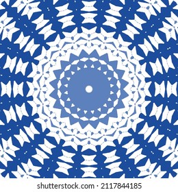 Portuguese ornamental azulejo ceramic. Vector seamless pattern flyer. Minimal design. Blue vintage backdrop for wallpaper, web background, towels, print, surface texture, pillows.