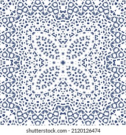 Portuguese ornamental azulejo ceramic. Vector seamless pattern collage. Universal design. Blue vintage backdrop for wallpaper, web background, towels, print, surface texture, pillows.