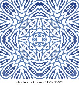 Portuguese ornamental azulejo ceramic. Vector seamless pattern collage. Universal design. Blue vintage backdrop for wallpaper, web background, towels, print, surface texture, pillows.