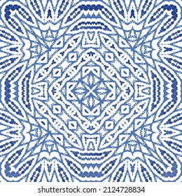 Portuguese ornamental azulejo ceramic. Vector seamless pattern collage. Universal design. Blue vintage backdrop for wallpaper, web background, towels, print, surface texture, pillows.