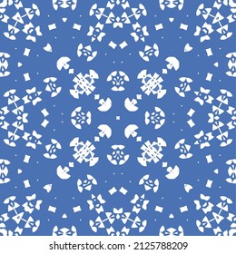 Portuguese ornamental azulejo ceramic. Vector seamless pattern flyer. Minimal design. Blue vintage backdrop for wallpaper, web background, towels, print, surface texture, pillows.