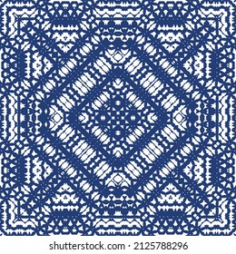 Portuguese ornamental azulejo ceramic. Vector seamless pattern frame. Geometric design. Blue vintage backdrop for wallpaper, web background, towels, print, surface texture, pillows.