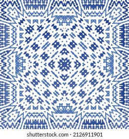 Portuguese ornamental azulejo ceramic. Vector seamless pattern collage. Universal design. Blue vintage backdrop for wallpaper, web background, towels, print, surface texture, pillows.