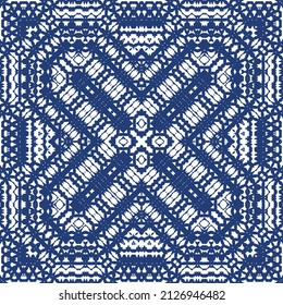 Portuguese ornamental azulejo ceramic. Vector seamless pattern frame. Geometric design. Blue vintage backdrop for wallpaper, web background, towels, print, surface texture, pillows.